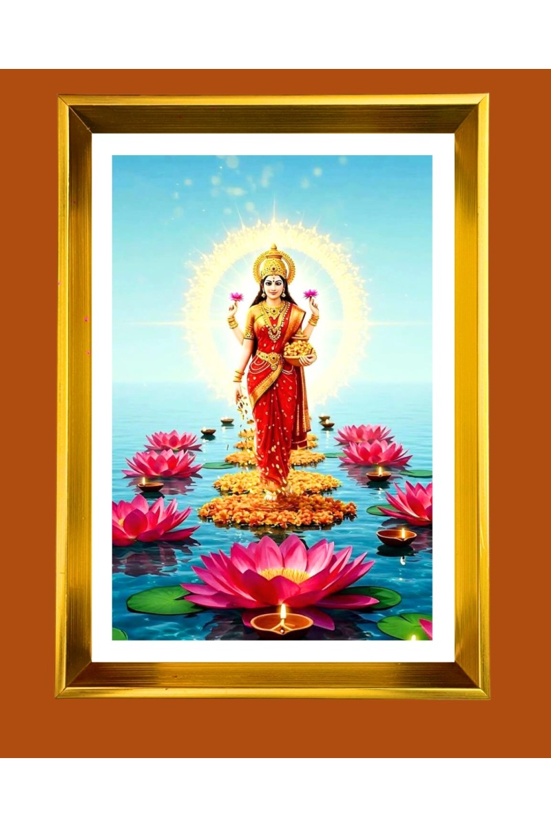 Maa Lakhsmi Golden Photo Frame - 10x14 Inches | Elegant Wooden Frame for Home, Office & Temple Decoration | Spiritual Wall & Table Decor and Gift Item