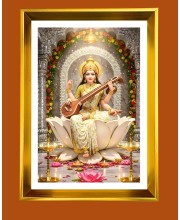 Maa Saraswati Golden Photo Frame - 10x14 Inches | Elegant Wooden Frame for Home, Office & Temple Decoration | Spiritual Wall & Table Decor and Gift Item
