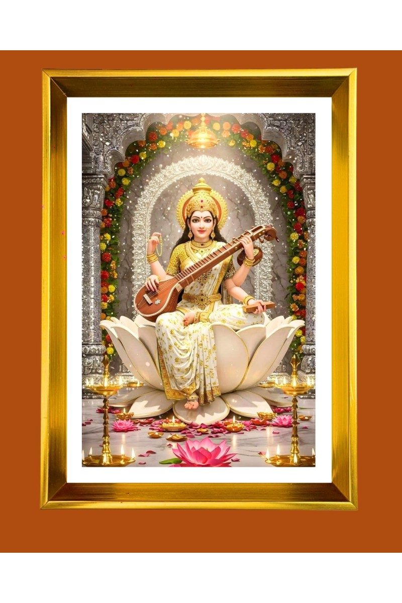 Maa Saraswati Golden Photo Frame - 10x14 Inches | Elegant Wooden Frame for Home, Office & Temple Decoration | Spiritual Wall & Table Decor and Gift Item