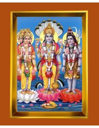 Lord Brahma, Vishnu, Shiva Golden Photo Frame - 10x14 Inches | Elegant Wooden Frame for Home, Office & Temple Decoration | Spiritual Wall & Table Decor and Gift Item
