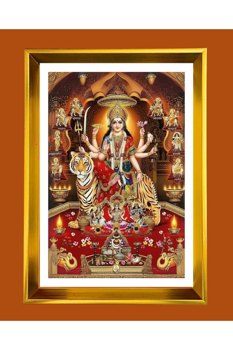 Devi Maa Durga Golden Photo Frame - 10x14 Inches | Elegant Wooden Frame for Home, Office & Temple Decoration | Spiritual Wall & Table Decor and Gift Item