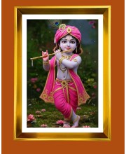 Divine Little krishna Golden Photo Frame - 10x14 Inches | Elegant Wooden Frame for Home, Office & Temple Decoration | Spiritual Wall & Table Decor and Gift Item