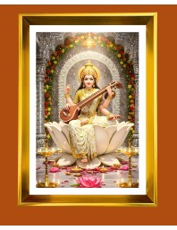 Maa Sraswati Golden Photo Frame - 10x14 Inches | Elegant Wooden Frame for Home, Office & Temple Decoration | Spiritual Wall & Table Decor and Gift Item