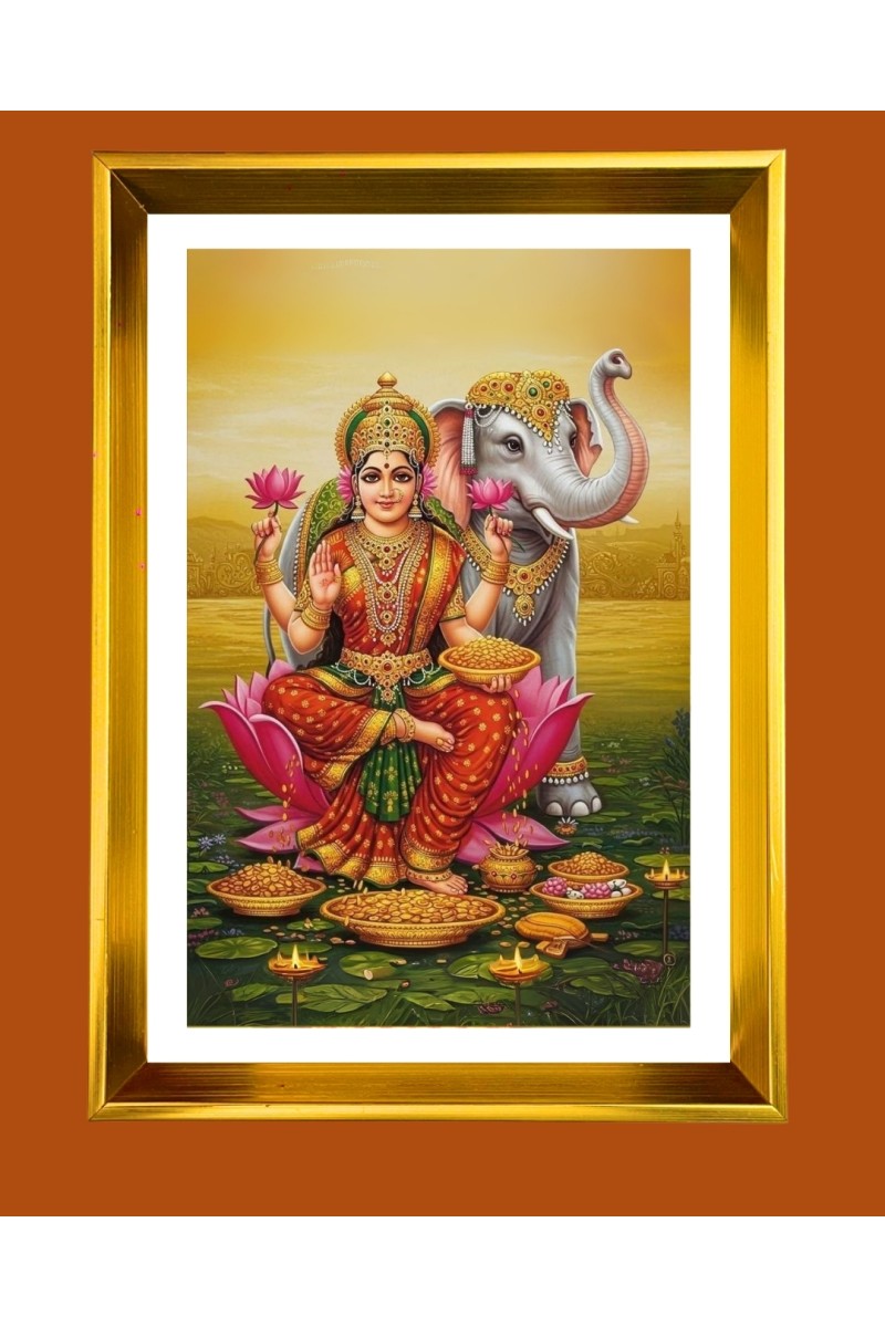 Maa Lakhsmi Golden Photo Frame - 10x14 Inches | Elegant Wooden Frame for Home, Office & Temple Decoration | Spiritual Wall & Table Decor and Gift Item