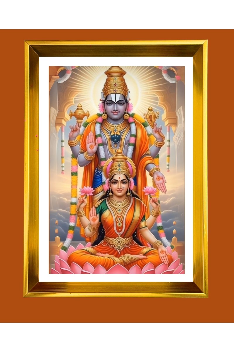 Lord Venkateswara & Maa Lakhsmi Golden Photo Frame - 10x14 Inches | Elegant Wooden Frame for Home, Office & Temple Decoration | Spiritual Wall & Table Decor and Gift Item