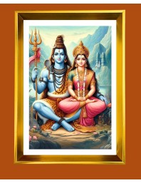 Lord Shiv & Parvati Golden Photo Frame - 10x14 Inches | Elegant Wooden Frame for Home, Office & Temple Decoration | Spiritual Wall & Table Decor and Gift Item