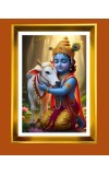 Divine Baby krishna Golden Photo Frame - 10x14 Inches | Elegant Wooden Frame for Home, Office & Temple Decoration | Spiritual Wall & Table Decor and Gift Item