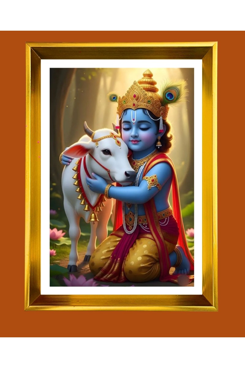 Divine Baby krishna Golden Photo Frame - 10x14 Inches | Elegant Wooden Frame for Home, Office & Temple Decoration | Spiritual Wall & Table Decor and Gift Item