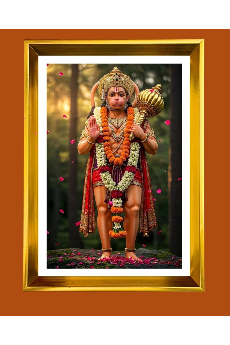 Lord Hanuman Golden Photo Frame - 10x14 Inches | Elegant Wooden Frame for Home, Office & Temple Decoration | Spiritual Wall & Table Decor and Gift Item