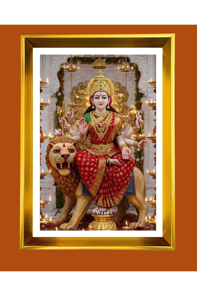 Devi Maa Durga Golden Photo Frame - 10x14 Inches | Elegant Wooden Frame for Home, Office & Temple Decoration | Spiritual Wall & Table Decor and Gift Item