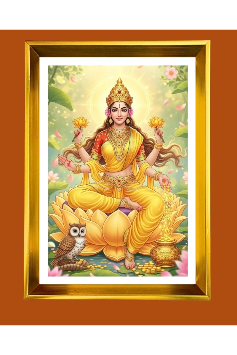 Maa Lakhsmi Golden Photo Frame - 10x14 Inches | Elegant Wooden Frame for Home, Office & Temple Decoration | Spiritual Wall & Table Decor and Gift Item