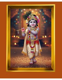 Little Divine Krishna Golden Photo Frame - 10x14 Inches | Elegant Wooden Frame for Home, Office & Temple Decoration | Spiritual Wall & Table Decor and Gift Item
