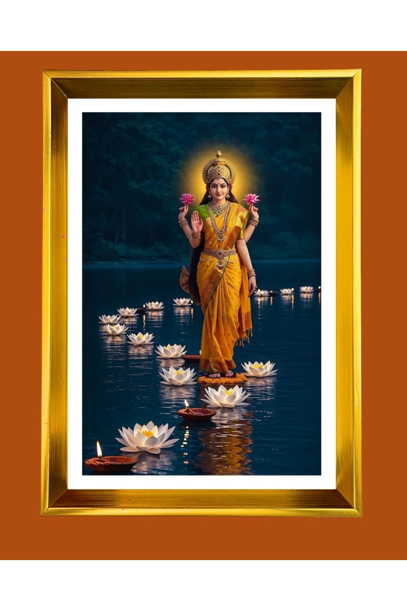 Maa Lakhsmi Golden Photo Frame - 10x14 Inches | Elegant Wooden Frame for Home, Office & Temple Decoration | Spiritual Wall & Table Decor and Gift Item