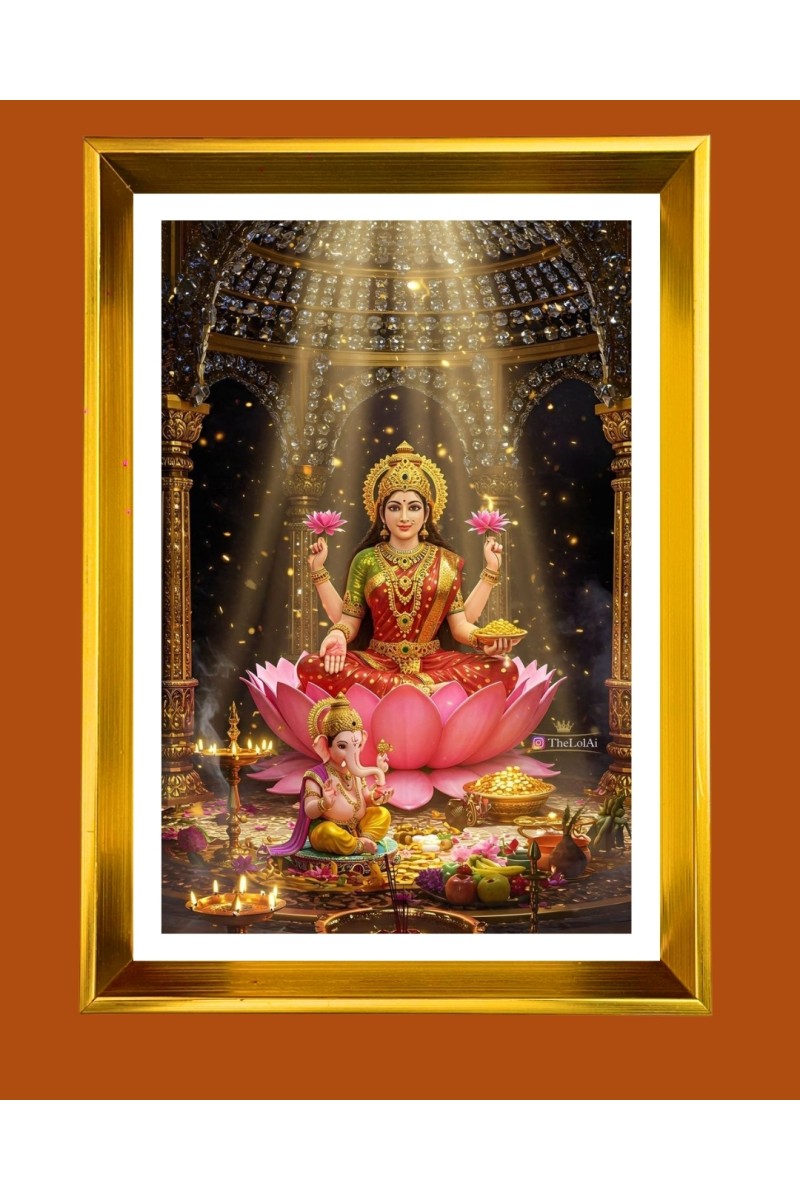 Maa Lakhsmi Golden Photo Frame - 10x14 Inches | Elegant Wooden Frame for Home, Office & Temple Decoration | Spiritual Wall & Table Decor and Gift Item