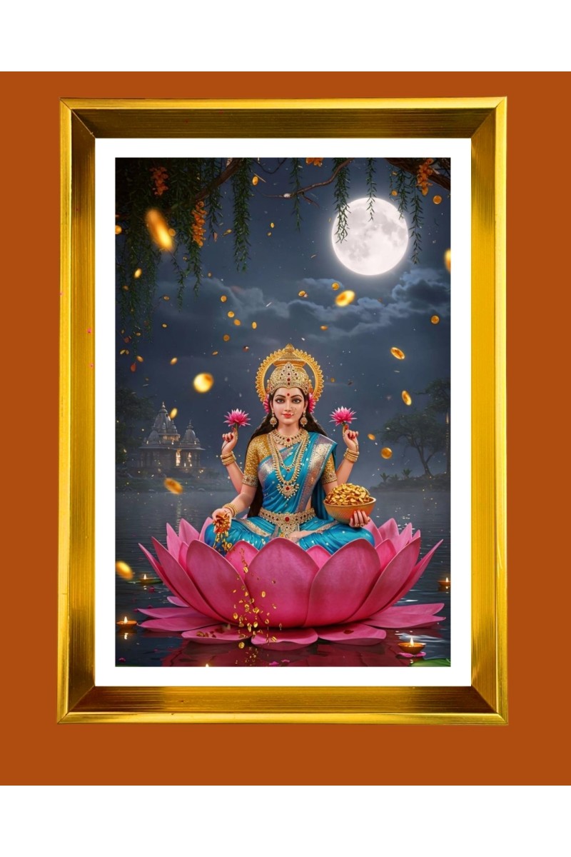 Maa Lakhsmi Golden Photo Frame - 10x14 Inches | Elegant Wooden Frame for Home, Office & Temple Decoration | Spiritual Wall & Table Decor and Gift Item