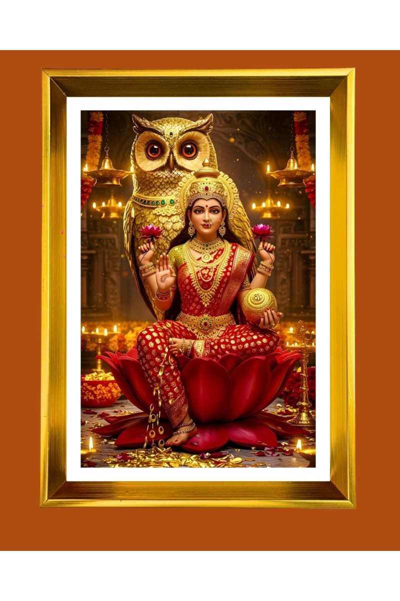 Maa Lakhsmi Golden Photo Frame - 10x14 Inches | Elegant Wooden Frame for Home, Office & Temple Decoration | Spiritual Wall & Table Decor and Gift Item