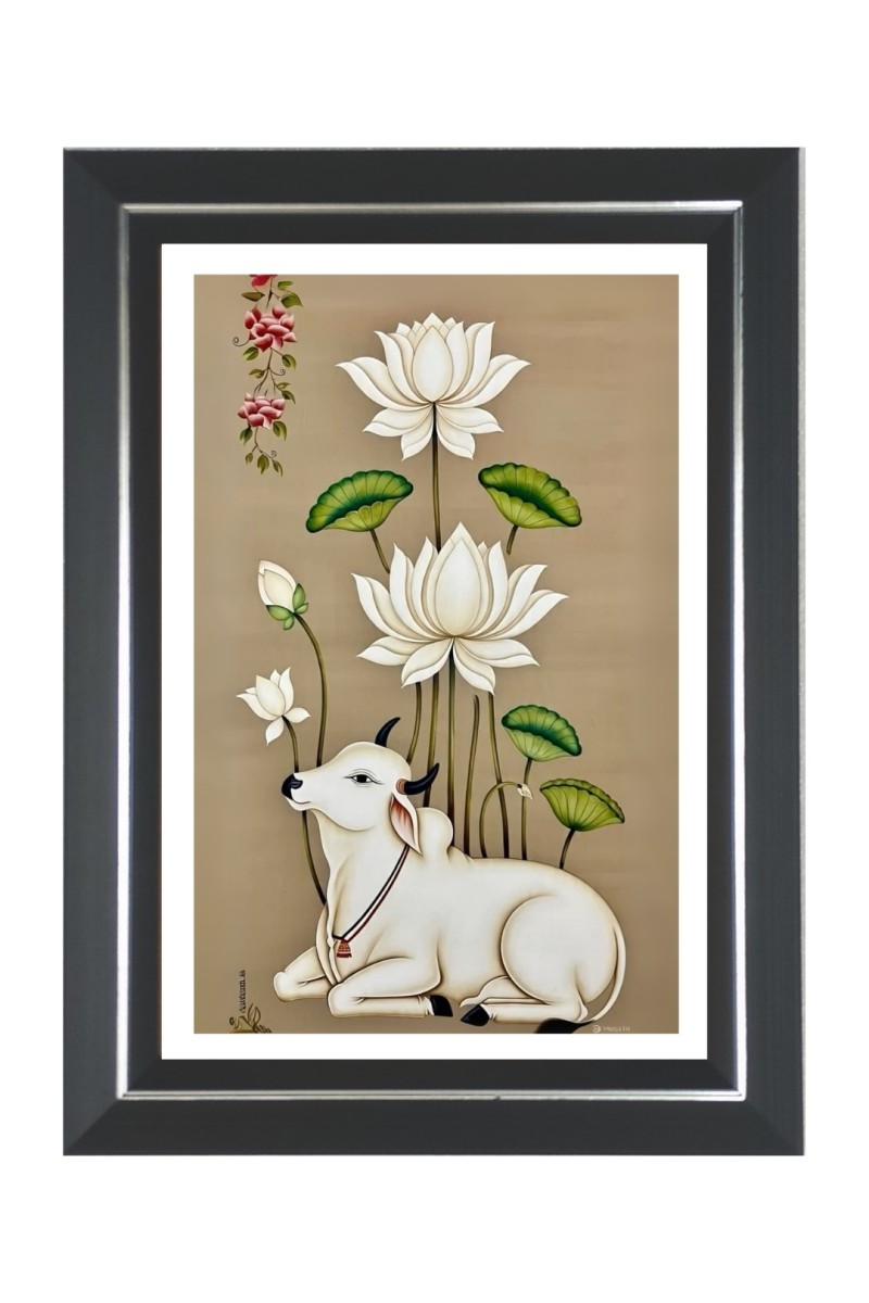 Cow and Lotus Flowers Photo Frame | 10x14 Inch Black Designer Wall & Table Frame | Perfect for Gifting & Home Decor