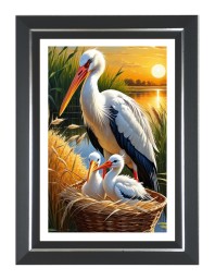 white stork with two chicks in a nest  Photo Frame | 10x14 Inch Black Designer Wall & Table Frame | Perfect for Gifting & Home Decor