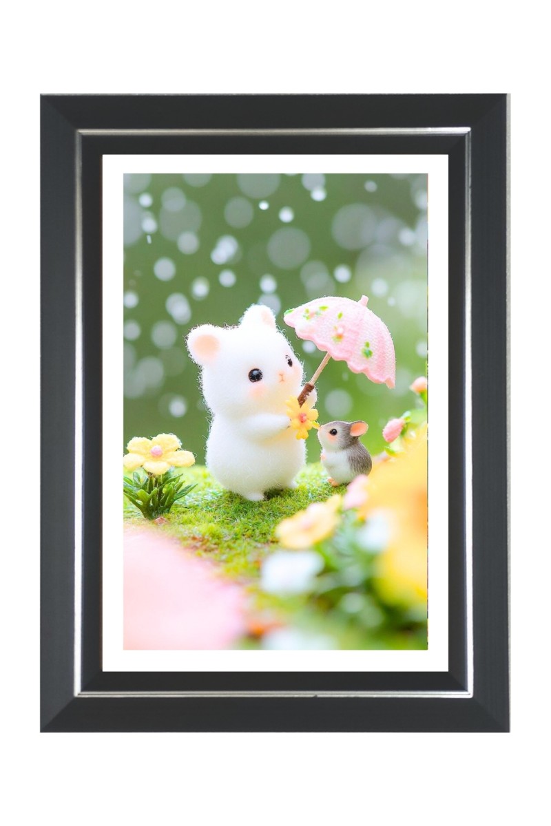 Bunny & Mouse Under the Rain Photo Frame | 10x14 Inch Black Designer Wall & Table Frame | Perfect for Gifting & Home Decor
