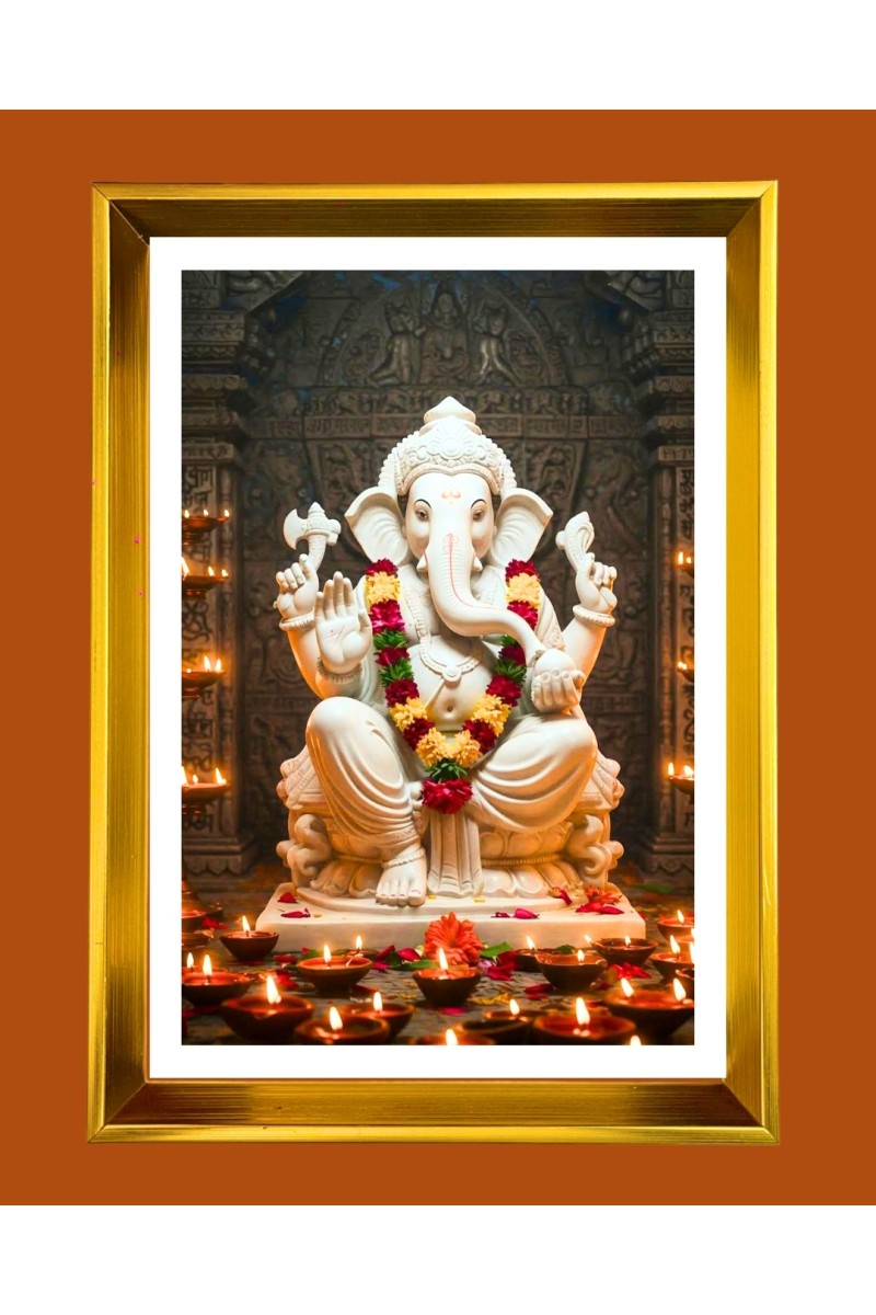 Lord Ganesh Golden Photo Frame - 10x14 Inches | Elegant Wooden Frame for Home, Office & Temple Decoration | Spiritual Wall & Table Decor and Gift Item