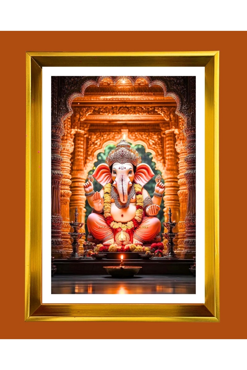 Lord Ganesh Golden Photo Frame - 10x14 Inches | Elegant Wooden Frame for Home, Office & Temple Decoration | Spiritual Wall & Table Decor and Gift Item