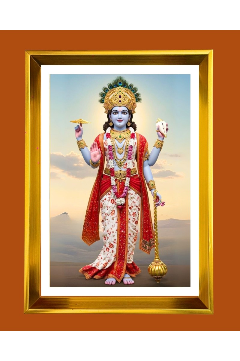 Lord Vishnu Golden Photo Frame - 10x14 Inches | Elegant Wooden Frame for Home, Office & Temple Decoration | Spiritual Wall & Table Decor and Gift Item
