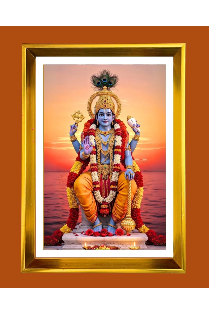 Lord Vishnu Golden Photo Frame - 10x14 Inches | Elegant Wooden Frame for Home, Office & Temple Decoration | Spiritual Wall & Table Decor and Gift Item