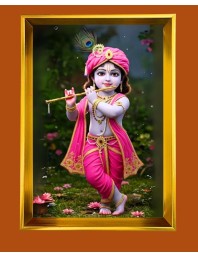 Little Krishna Golden Photo Frame - 10x14 Inches | Elegant Wooden Frame for Home, Office & Temple Decoration | Spiritual Wall & Table Decor and Gift Item