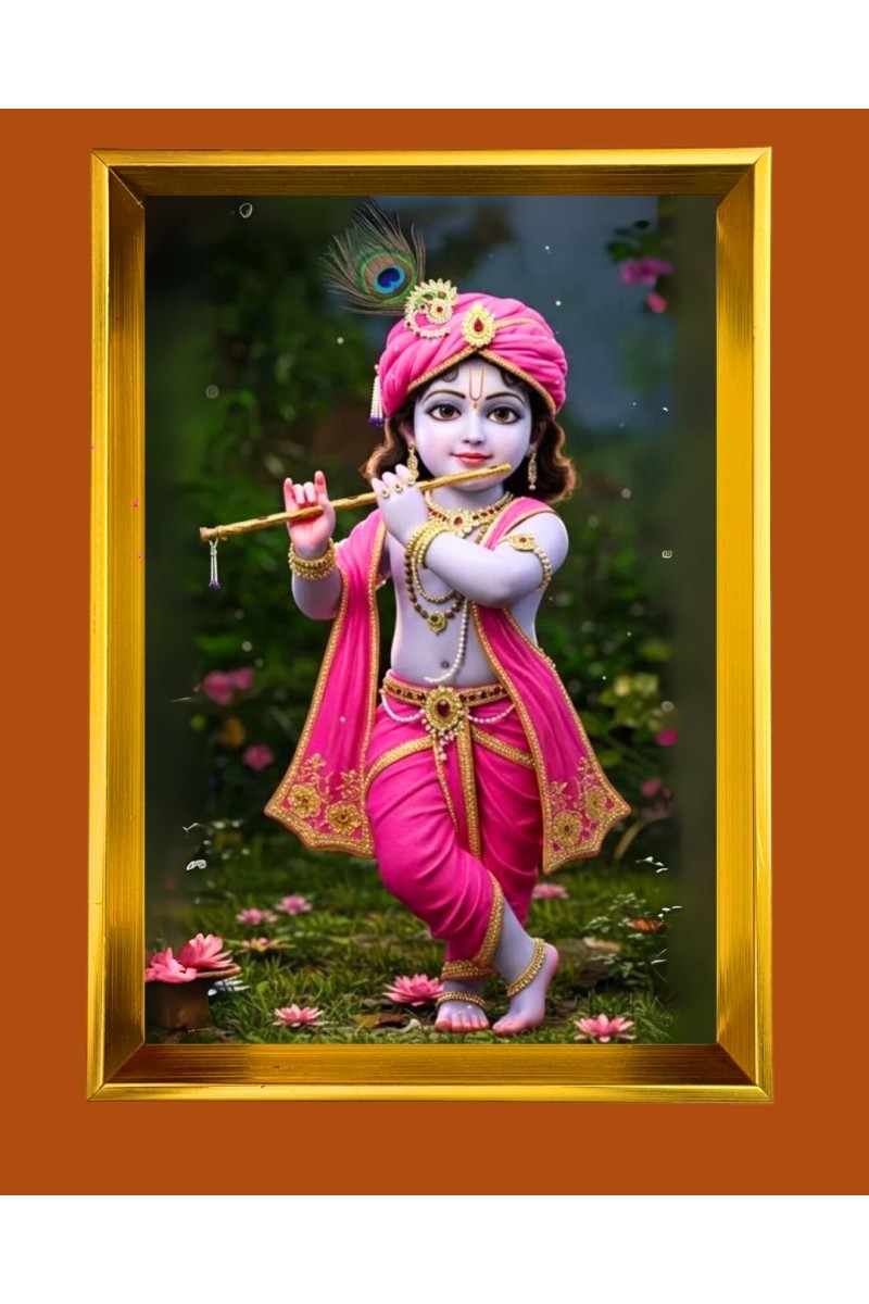 Little Krishna Golden Photo Frame - 10x14 Inches | Elegant Wooden Frame for Home, Office & Temple Decoration | Spiritual Wall & Table Decor and Gift Item