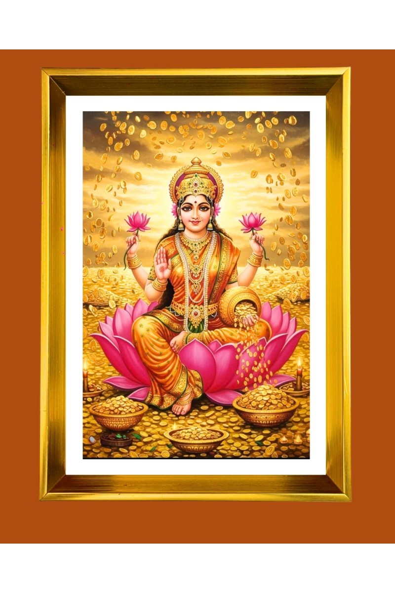 Maa Lakshmi Golden Photo Frame - 10x14 Inches | Elegant Wooden Frame for Home, Office & Temple Decoration | Spiritual Wall & Table Decor and Gift Item