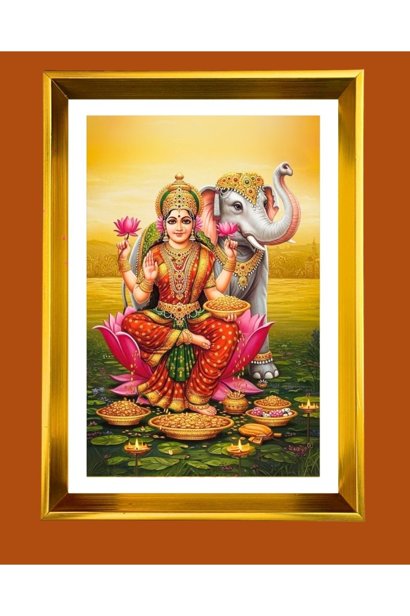 Maa Lakhsmi Golden Photo Frame - 10x14 Inches | Elegant Wooden Frame for Home, Office & Temple Decoration | Spiritual Wall & Table Decor and Gift Item