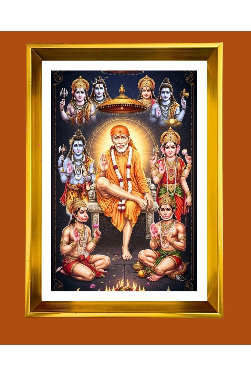 Shirdi Sai Baba Golden Photo Frame - 10x14 Inches | Elegant Wooden Frame for Home, Office & Temple Decoration | Spiritual Wall & Table Decor and Gift Item