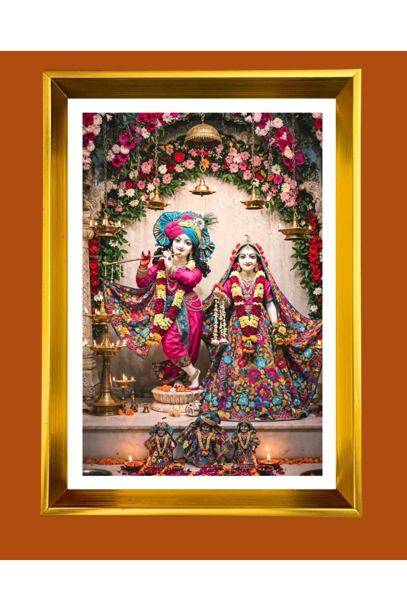 Divine Radha Krishna Golden Photo Frame - 10x14 Inches | Elegant Wooden Frame for Home, Office & Temple Decoration | Spiritual Wall & Table Decor and Gift Item