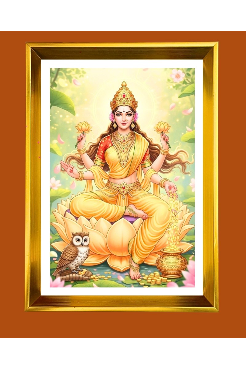 Maa Lakhsmi Golden Photo Frame - 10x14 Inches | Elegant Wooden Frame for Home, Office & Temple Decoration | Spiritual Wall & Table Decor and Gift Item