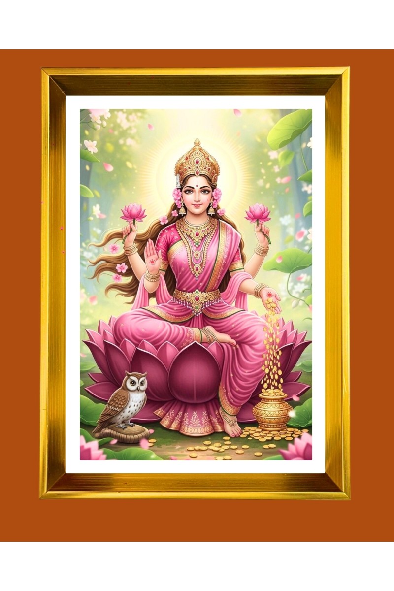 Maa Lakhsmi Golden Photo Frame - 10x14 Inches | Elegant Wooden Frame for Home, Office & Temple Decoration | Spiritual Wall & Table Decor and Gift Item