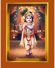 Divine Krishna Golden Photo Frame - 10x14 Inches | Elegant Wooden Frame for Home, Office & Temple Decoration | Spiritual Wall & Table Decor and Gift Item