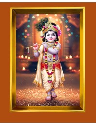 Divine Krishna Golden Photo Frame - 10x14 Inches | Elegant Wooden Frame for Home, Office & Temple Decoration | Spiritual Wall & Table Decor and Gift Item