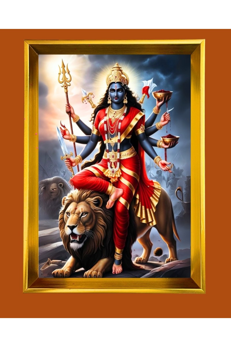 Devi Durga Golden Photo Frame - 10x14 Inches | Elegant Wooden Frame for Home, Office & Temple Decoration | Spiritual Wall & Table Decor and Gift Item