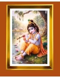 Little Krishna Golden Photo Frame - 10x14 Inches | Elegant Wooden Frame for Home, Office & Temple Decoration | Spiritual Wall & Table Decor and Gift Item