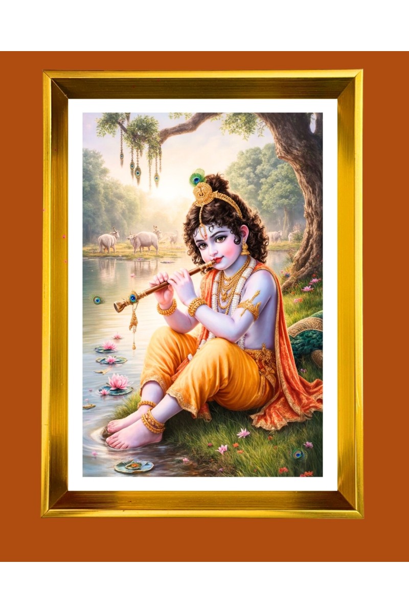 Little Krishna Golden Photo Frame - 10x14 Inches | Elegant Wooden Frame for Home, Office & Temple Decoration | Spiritual Wall & Table Decor and Gift Item