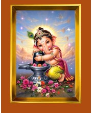 Little Ganesh Golden Photo Frame - 10x14 Inches | Elegant Wooden Frame for Home, Office & Temple Decoration | Spiritual Wall & Table Decor and Gift Item