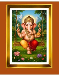 Lord Ganesh Golden Photo Frame - 10x14 Inches | Elegant Wooden Frame for Home, Office & Temple Decoration | Spiritual Wall & Table Decor and Gift Item