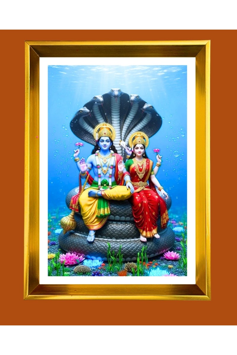 Lakhsmi Narayana Golden Photo Frame - 10x14 Inches | Elegant Wooden Frame for Home, Office & Temple Decoration | Spiritual Wall & Table Decor and Gift Item