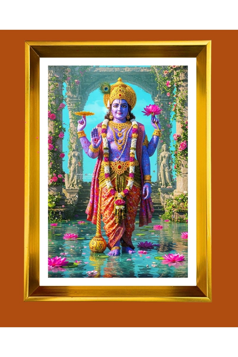 Lord Vishnu Golden Photo Frame - 10x14 Inches | Elegant Wooden Frame for Home, Office & Temple Decoration | Spiritual Wall & Table Decor and Gift Item