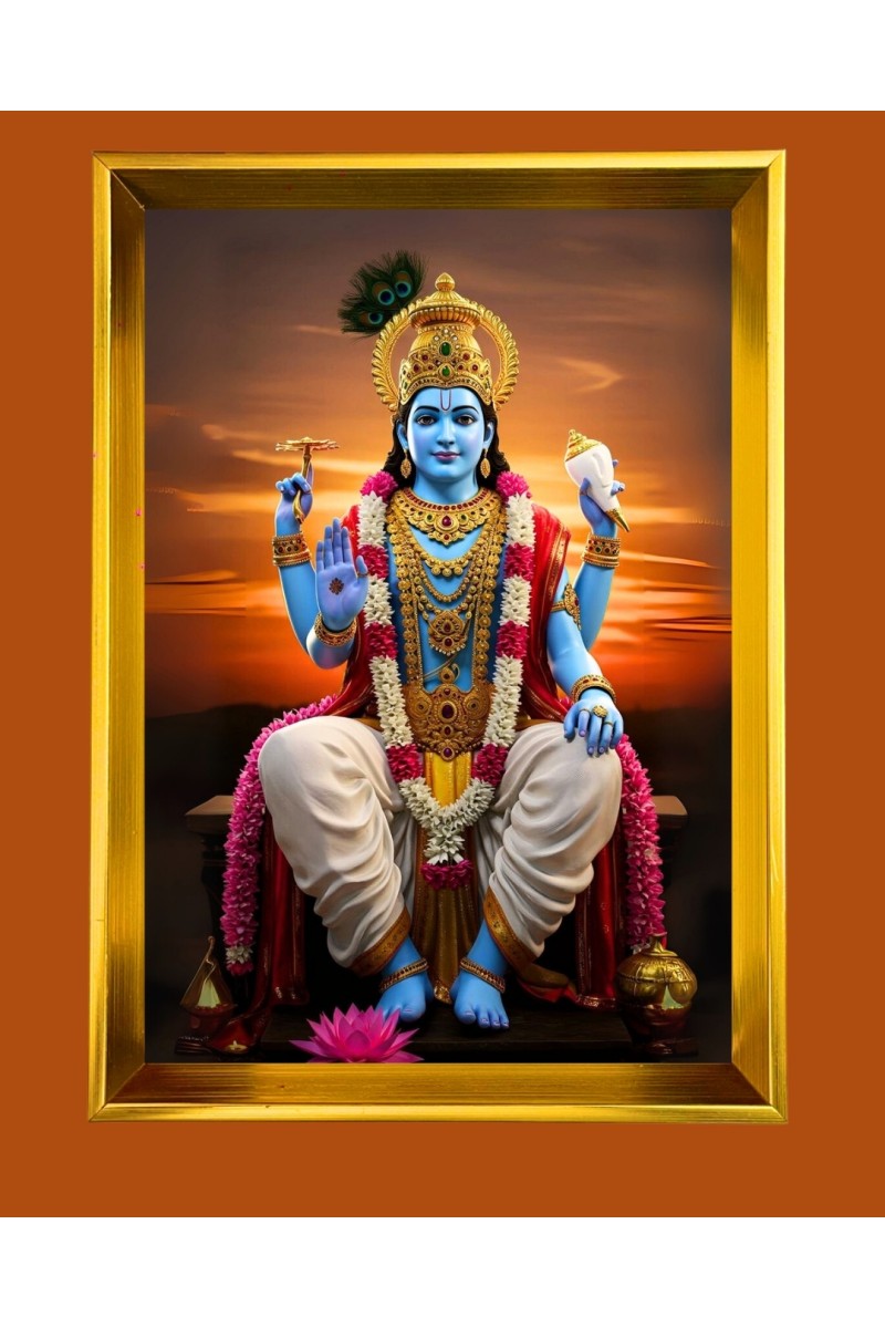 Lord Vishnu Golden Photo Frame - 10x14 Inches | Elegant Wooden Frame for Home, Office & Temple Decoration | Spiritual Wall & Table Decor and Gift Item