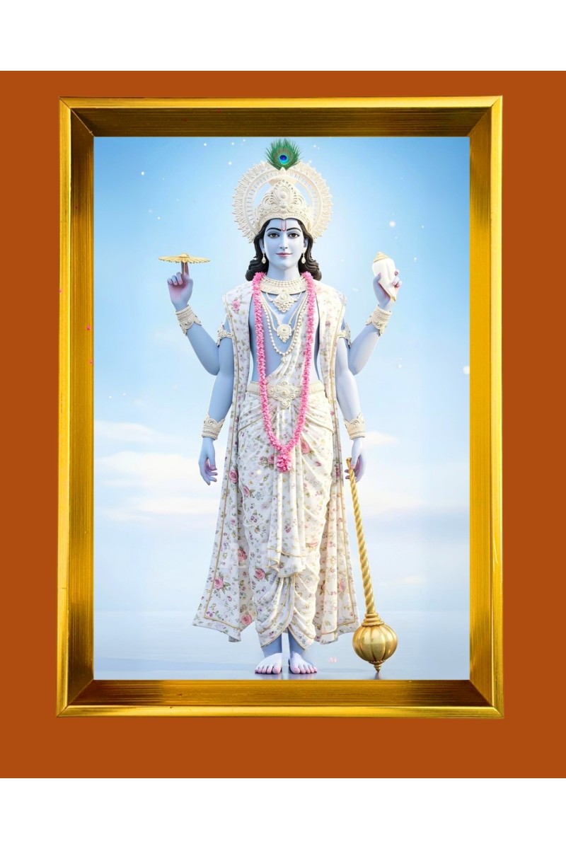 Lord Krishna Golden Photo Frame - 10x14 Inches | Elegant Wooden Frame for Home, Office & Temple Decoration | Spiritual Wall & Table Decor and Gift Item