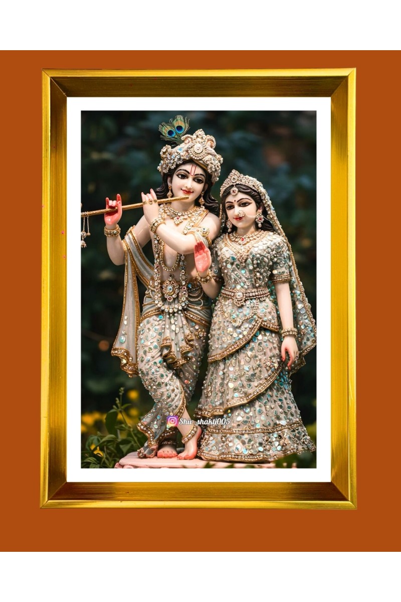 Divine Krishna and Radha Golden Photo Frame - 10x14 Inches | Elegant Wooden Frame for Home, Office & Temple Decoration | Spiritual Wall & Table Decor and Gift Item