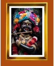 Divine Krishna Golden Photo Frame - 10x14 Inches | Elegant Wooden Frame for Home, Office & Temple Decoration | Spiritual Wall & Table Decor and Gift Item