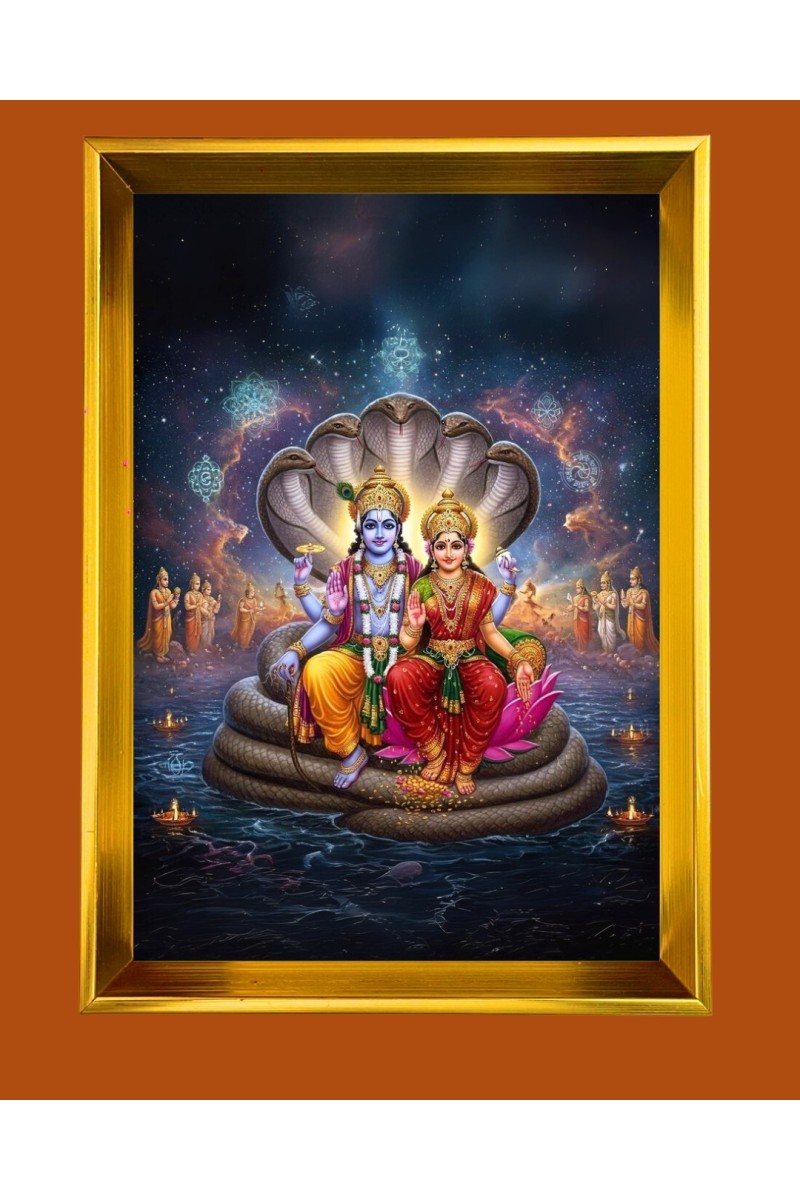  Lakshmi Narayan Golden Photo Frame - 10x14 Inches | Elegant Wooden Frame for Home, Office & Temple Decoration | Spiritual Wall & Table Decor and Gift Item