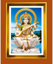 Maa Saraswati Golden Photo Frame - 10x14 Inches | Elegant Wooden Frame for Home, Office & Temple Decoration | Spiritual Wall & Table Decor and Gift Item